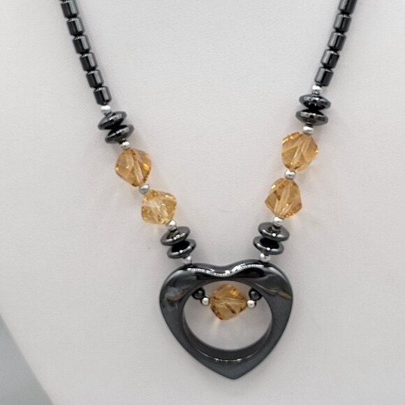 Hematite Open Heart Pendant Statement Necklace Orange Bead Accents 16" - Picture 4 of 8